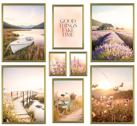 ARTFAVES® Poster Set - VINTAGE LAKE SUMMER - mehrteilige Wanddeko Wohnzimmer & Schlafzimmer - 8 moderne Wandbilder sommer, frühling, sonnenuntergang, landschaft, natur, provence - mit Rahmen Gold