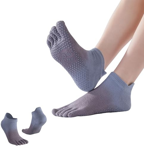 CoziSox 2 Paar Pilates Socken Damen Zehensocken Rutschfeste Stoppersocken mit Arch Support Silikon Noppen für Yoga Sport Baumwolle Farbverlauf (DE/NL/SE/PL, Alphanumerisch, M, Regular, Regular, grau)