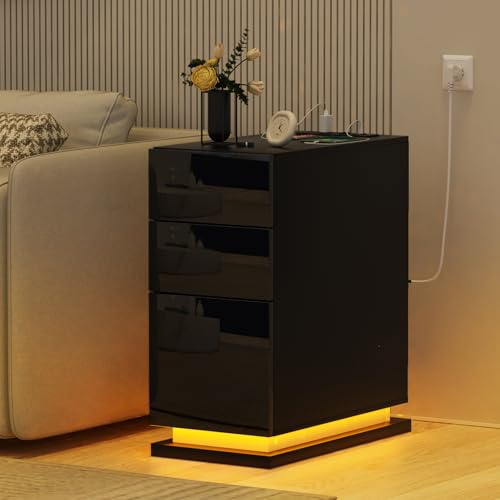 HaodaCulture Nachttisch mit USB, Nachttisch Schmal mit Steckdose, 2 USB Anschlüsse, 2 Steckdosen, Nachtschrank Schwarz, 3 Schubladen, für Wohnzimmer, Schlafzimme