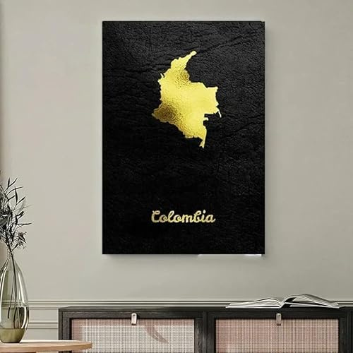 Mapa dorado de estilo nórdico, clásico, de Colombia, ciudad del mundo, arte mural, lienzo, cuadro para decoración de sala de estar (60x85cm)
