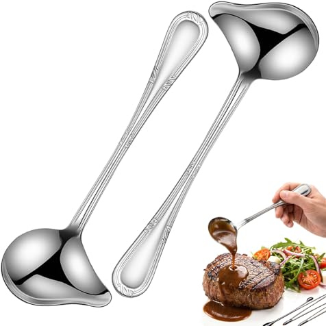 2PCS Gravy Ladle, Small Sauce Ladle with Pour Spout, Stainless Steel Sauce Soup Spoon, Kitchen Long Handle Oil Ladles Drizzle Spoon with Spout(8 x 2.9 Inch)