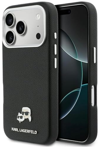 CG MOBILE Karl Lagerfeld Karl & Choupette Kopfbolzen Saffiano kompatibel mit MagSafe Hülle für iPhone 17 Pro (Schwarz)