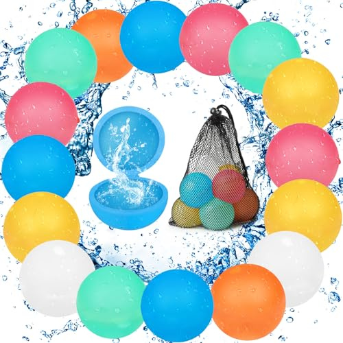 Globos de agua reutilizables, 16 piezas de globos de agua de silicona reutilizables con autocierre y 1 bolsa de malla, globos de agua de llenado rápido para niños y adultos, juguete acuático para