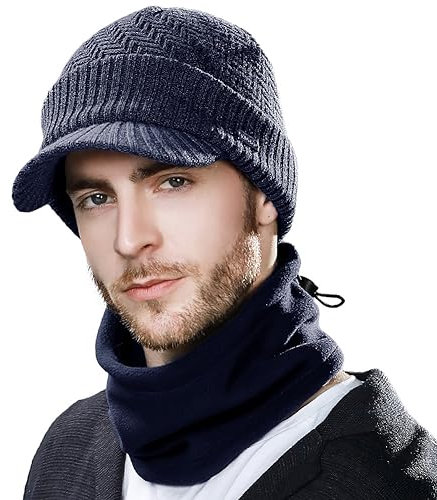 Comhats Winter Peaked Beanie Hat Men Wool Knitted Wooly Hats with Peak Visor Warm Golf Hats & Thermal Snood Fleece Neck Warmer for Ski Walking Navy Blue M