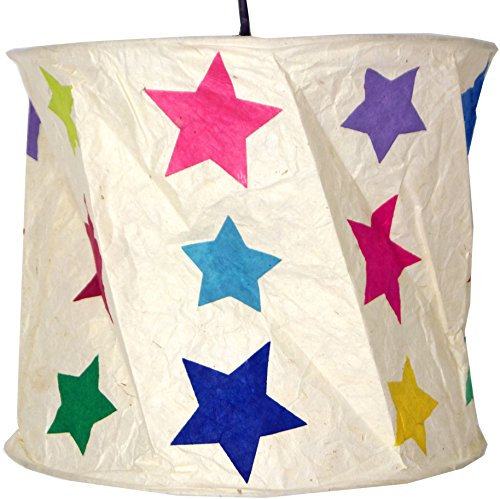 GURU SHOP Runde Papier Hängelampe, Lokta Papierlampenschirm Annapurna, Handgeschöpftes Papier - Weiß/bunte Sterne, Lokta-Papier, 25x28x28 cm, Asiatische Lampenschirme aus Papier & Stoff