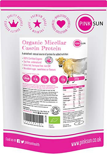 PINK SUN Organic Casein Protein Powder 300g Pure Native Micellar Grass Fed Soy Free Gluten Free Unflavoured Vegetarian No Added Sugar Unsweetened Undenatured Certified Bio UK