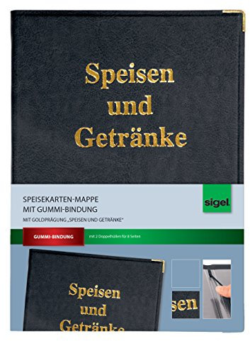 SIGEL SM100 Speisekarten-Mappe für A4, Menükarte, Gummi-Bindung, schwarz mit Goldprägung, strapazierfähig und leicht abwischbar