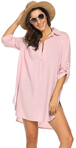 UNibelle Cache-Maillots et Sarongs Femme Lâche Maillot De Bain Sexy Chemisier Pareo Femme Plage Eté Beachwear Imprimé Floral Chemise Robe De Plage, Rose, XXL