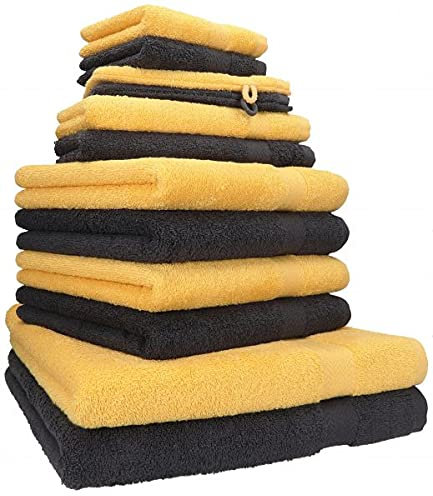 Betz 12-TLG. Handtuch Set Premium 100% Baumwolle 2 Duschtücher 4 Handtücher 2 Gästetücher 2 Seiftücher 2 Waschhandschuhe Farbe honiggelb/Graphit