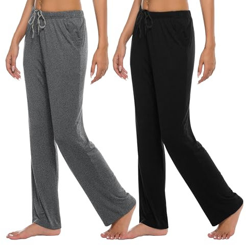 JINSHI Donna Pantaloni Pigiama Lunghi Morbide Modal Abbigliamento da Notte Casa con Tasche 2 Pacco Nero/Grigio Scuro XL