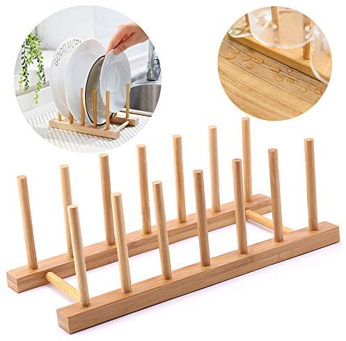 Ziyero Bambus Abtropfgestell Bamboo Tellerständer Abtropffläche Lagerung Inhaber Platzsparend, Leicht Montieren Zerlegen, für Teller, Schüssel, Tassen, Topf Deckel, Schneidebrett, Buch—6 Slots