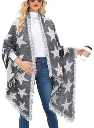 heekpek Damen Maedchen Langer Schal Deckenstoffschaln Schalcape Winter Schal mit Fransen und spitzen Enden Schal Oversize schals damen winter Stern schal oversized damenschal lang (Star-Grau)