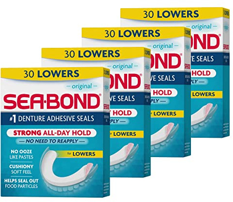 Sea Bond Secure Denture Adhesive Seals, Original Lowers, Zinc-Free, All-Day-Hold, Mess-Free, 30 Count (Pack of 4)