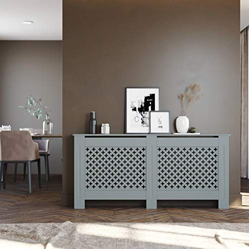 ELEGANT Radiator Covers Grey Extra Large Traditional Painted MDF Wood Cross Slat Modern Wall Cabinet for Living Room Bedroom, XL