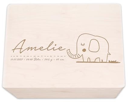 hellomini Personalisierte Erinnerungsbox aus Holz • Gravierte Aufbewahrungsbox mit Namen & Geburtsdaten • Geschenk zur Geburt, Taufe & Geburtstag • Hochwertige Baby-Erinnerungskiste (Elefant)