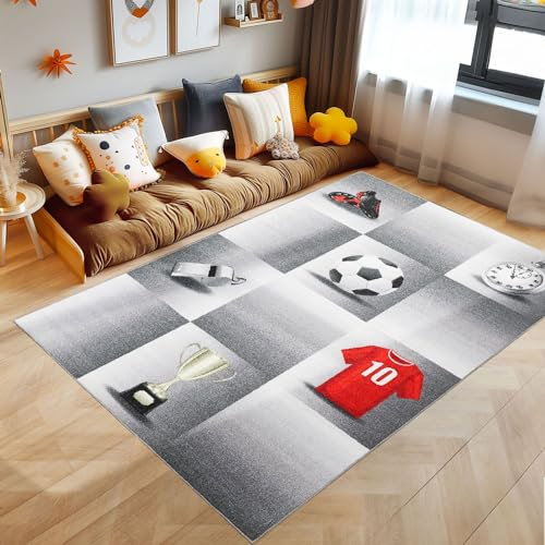KinderTeppich, Fußball-Design, Teppich Grau, 120 x 170 cm, Teppich für Kinder, Teppich Kinderzimmer