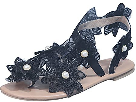 Julhold Flache Sandalen Damen Sommer Blumen Print Slip-On Schuhe Flache Strand Offene Zehen Atmungsaktive Sandalen(Schwarz,41)