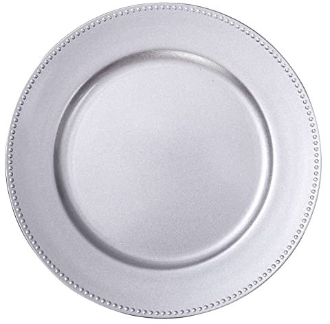 MAONAME Silver Charger Plates Set of 6, Round Dinner Chargers with Beaded, 13 Inch Plastic Plate Chargers for Wedding, Table Decor