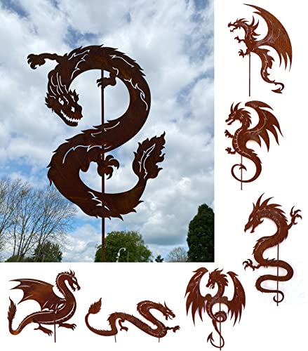 Gartenfigur Drache schlängelnd 60x46cm + Stab Gartenstecker Edelrost Gartendeko Wetterfest Rost Metall Rostfigur Schlange Drachen Figur Dragon von Steinfigurenwelt