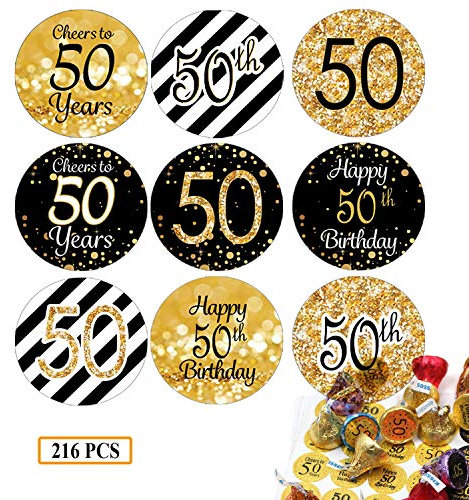 216Pcs 50. Geburtstag Aufkleber Sticker Jubiläum Deko Schwarzes und Gold Geschenk-Verpackung Gastgeschenk Hochzeit Mitgebsel für Gäste Fest Etiketten (50th)