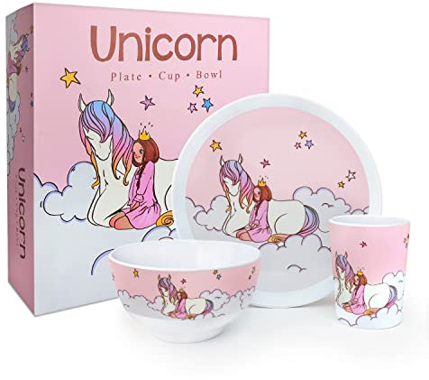 Lindo juego de vajilla de unicornio para niños, con plato rosa, taza, taza, tazón, colorido ilustrado con estrellas de arco iris y niña. Tamaño más grande, duradero, apto para lavavajillas