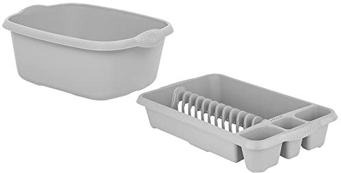 M1SS Combination of Soft Grey 39cm Rectangular Washing up Bowl with Medium Dish Drainer Plate Rack Draining Board Tray Stand Sink Holder Kitchen Organiser