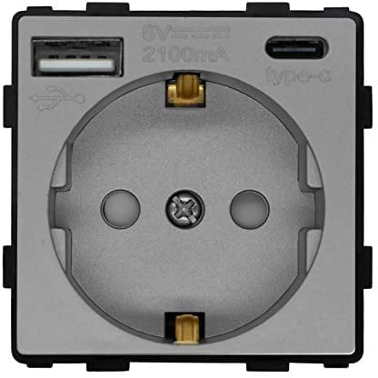 BSEED Wandsteckdose EU Steckdose 16Amp Steckdose Einsatz mit USB Steckdose Anschluss (Max. 2.1A) und Typ C Port Steckdose Ersatz Grau 86mm