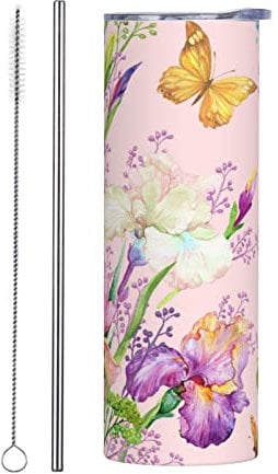 Tropical Butterfly Flower Floral Tumbler Cup 20 oz, Stainless Steel Mug Vaccum Insulated Skinny Tumblers with Lid and Straw Double Wall Feak Proof Coffee Travel Mug Birthday Gift for Women Men