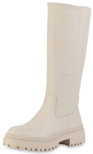 VAN HILL Damen Leicht Gefütterte Plateaustiefel Stiefel Blockabsatz Schuhe Profilsohle Plateauschuhe Freizeit Plateau Vorne Boots 208850 Beige 37