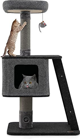 GYMAX Cat Tree Tower, 3-Tier Cat Activity Center with Top Perch, Scratching Ramp and Posts, Indoor Kitten Playground