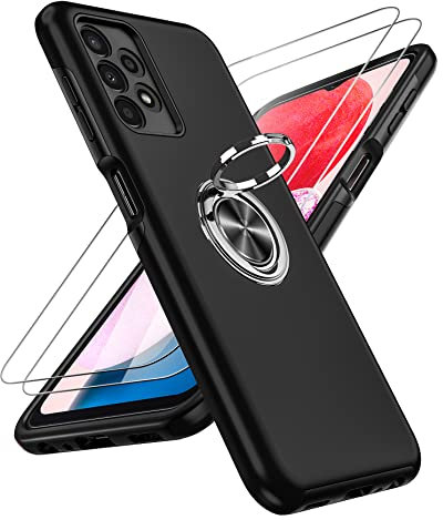 LeYi Coque pour Samsung Galaxy A13 4G avec 2 Verre Trempé Vitre Protection et Anneau Telephone, Rigide Militaire PC et TPU Silicone Etui Antichoc Housse pour Samsung A 13 4G - Noir