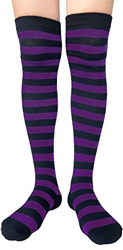 AUSUAYA Oberschenkelhohe Socken für Damen, gestreift, extra lang, Overknee-Strümpfe, Baumwolle, für Cosplay und Gothic-Beinwärmer GB-LW-3, Schwarz und Lila gestreift, Einheitsgröße