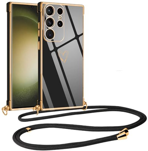 Vauki handyband für Samsung Galaxy S23 Ultra Hülle mit Band, Handyhülle mit Kette, Herz Motiv, Ultra Dünn Stoßfeste Aesthetic Case mit Kordel zum Umhängen für Samsung S23 Ultra 6.8, Schwarz