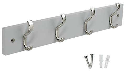 Keypak Porte-manteau mural minimaliste – 4 crochets sur une base en bois moderne et élégante pour mur et porte – 38 cm – Toutes les fixations incluses (nickel satiné/gris tourterelle)