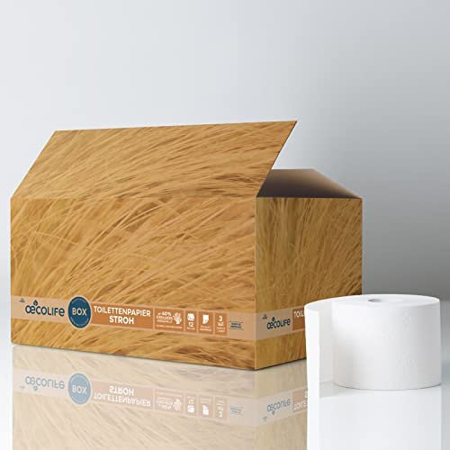 oecolife Toilettenpapier Box STROH, 3-lagig, 12 Rollen á 250 Blatt, Großpackung, kratzt nicht, superweich, plastikfrei verpackt, vegan, nachhaltiges Klopapier