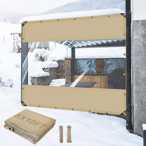 Outdoor Vinyl Curtains for Patio Waterproof-24 Oz Heavy Duty Porch Enclosure with Brass Grommets, Clear Plastic Screen Panels Wind Blocker for Winter Outside 8x10ft Porch Balcony Pergola Gazebos