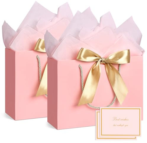 BBLIKE Pochette Cadeau Papier - 2 Pièces Sac Emballage Cadeaux Grand Format Avec Anse, Gift Bag Paquet XXL Luxe Avec Noeud + 2 Cartes + 4 Mouchoirs Pour Fête d'Anniversaire, Mariage (Rose-Gold)