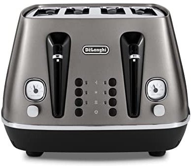 De'Longhi Distinta Titanium CTIN4003.TB, 4 Slot Toaster, Reheat, 6 Browning Settings, Defrost and Cancel Functions, Pull Crumb Tray, 1800W, Titanium Black
