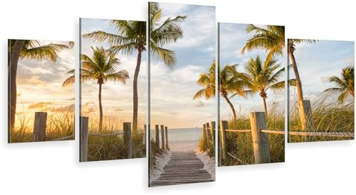 HUBDECO 5-Teiliges Leinwand Bild Wohnzimmer - Bilder, Poster, Kunstdrucke - Leinwandbild - Bild auf Leinwand - Tolle Zimmerdekoration - Schlafzimmer Bilder - 158x90 cm Miami Palms Strand