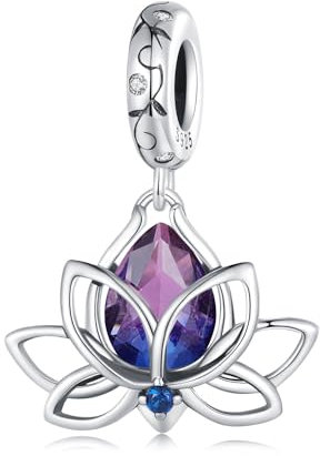 Ciondolo Charm Fiore di Loto in Argento Sterling 925 con Zirconi Viola per Braccialetto Pandora