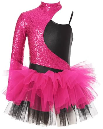 FEESHOW Girls' Ballet Tutu Dress Glitter Sequins Dance Leotard for Ballerina Outfit Gymnastics Bodysuit Dancewear Hot Pink 9-10 Years
