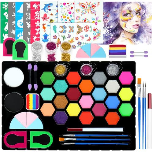 Janolia Pintacaras Infantil, 23 Colores Pinturas Cara para Niños con 3 Pinceles, 52 Plantillas, Pintura Cara Niños Hipoalergenica, Maquillaje Infantil Face Paint Halloween Fiesta Carnaval