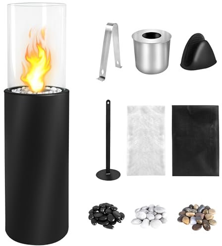 SUBTLETY Bioethanol Garten Kamin 80cm Höhe Feuersäule aus Metall & Gehärtetes Glas Outdoor Tischfeuer Ethanol Feuerstelle mit V-förmigen Haken Feuerlöschabdeckung & Gummihandschuhen (Zylindrisch)