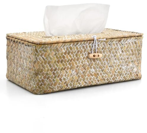 Caja de Pañuelos de Ratán - Diseño Rectangular para la Decoración del Hogar - Dispensador de Pañuelos de Mimbre para la Sala de Estar, la Oficina y el Restaurante - Portarrollos Decorativo en Blanco