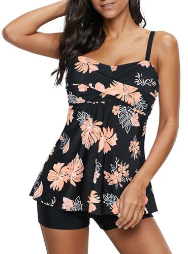 Tankini Sets for Women UK, Women's Tankinis, 2 Piece Plus Size Swimwear for Women, Swimming Costume with Shorts, Pink Print, M