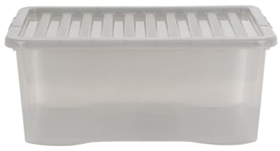 Wham Crystal 45 Liter Storage, Heavy Duty Plastic Storage Box With Lids Home Office Stackable Nestable, Large Storage Boxes With Lids 60 x 40 x 25 cm - Tint Grey (Pack of 4)