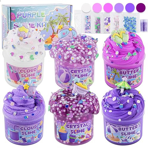 6 Packs Gradient Purple Slime Kit - Cloud, Butter & Clear Slime With Beach Add-ins, Fluffy Slime for Girls & Boys Party Bag Fillers, 360ml Making Kit