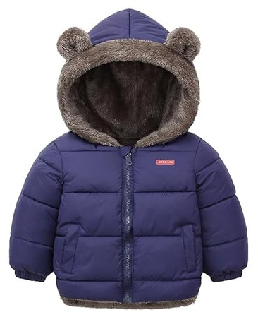 Kids Boys Girls Winter Coats Hooded Down Thicken Jackets with Cute Ear Toddler Baby Boys Girls Warm Fleece Coat Kids Baby Winter Clothes 12-24 Months Dark Blue