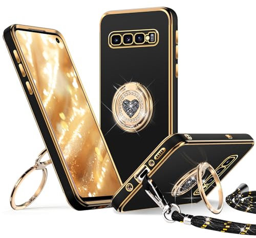 XYZ for Samsung Galaxy S10 Case with Stand, S10 Phone Case with Lanyard for Women Girls, Double Ring Bling Luxury Heart Protective Phone Case for Samsung Galaxy S10, Black