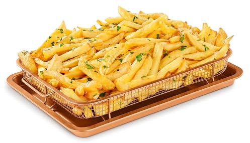 Bakken Swiss 2-in-1 Air Fryer Tray – Nonstick Copper Crisper Basket with Elevated Mesh, Extra-Large 9.5x13, Ideal for Oven Baking & Crispy Foods, PTFE/PFOA/PFOS Free, Dishwasher Safe